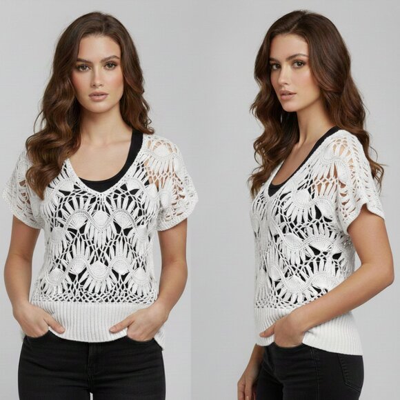 Reborn Tops - Reborn Women’s White Crochet Lace Knit Top – Boho Chic Semi-Sheer Blouse Size M